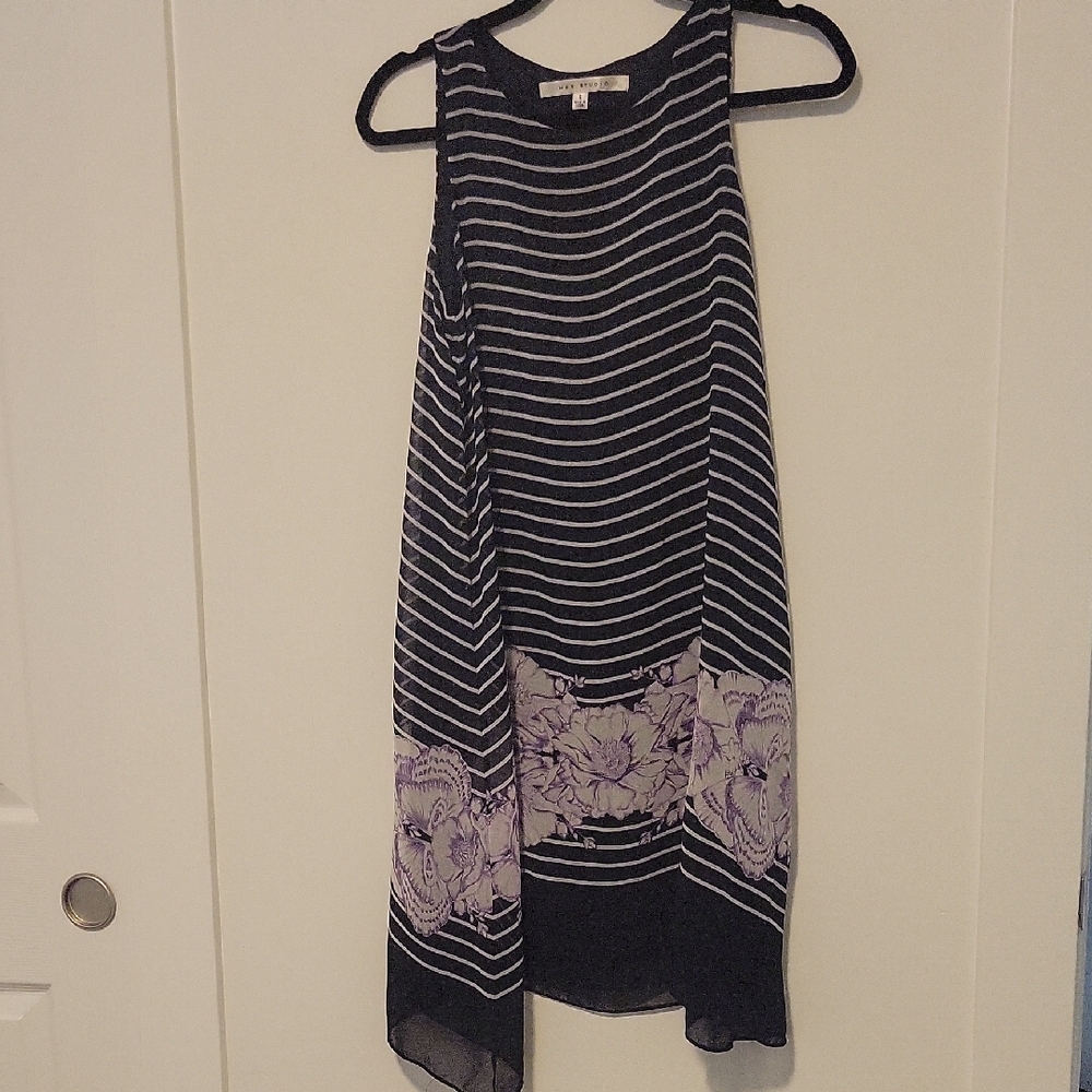 Max Studio Black and White Striped Dress with Purple Floral Design